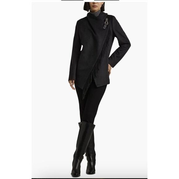 $290 New Ralph Lauren Buckled Asymmetric Wool Blend Jacket Black Size 6 - Picture 2 of 5